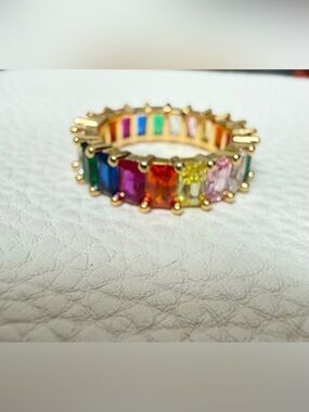 18K Gold-Filled Rainbow Crystal Eternity Band - Multicolor Ring size 7